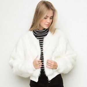 Brandy Melville Fiona White Faux Fur Bomber Jacket